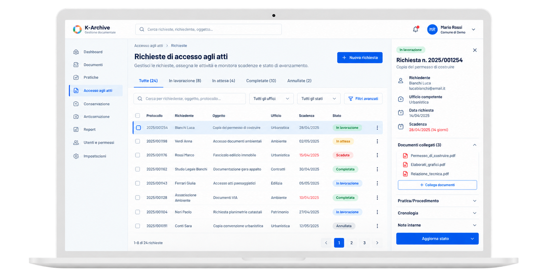 Schermata K-Archive per la consultazione dei dati archivistici
