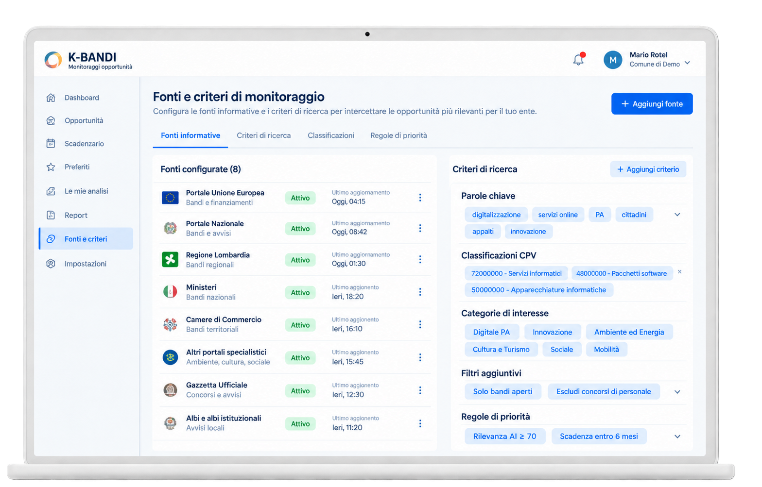 Schermata K-Bandi per configurare le fonti e i criteri di monitoraggio