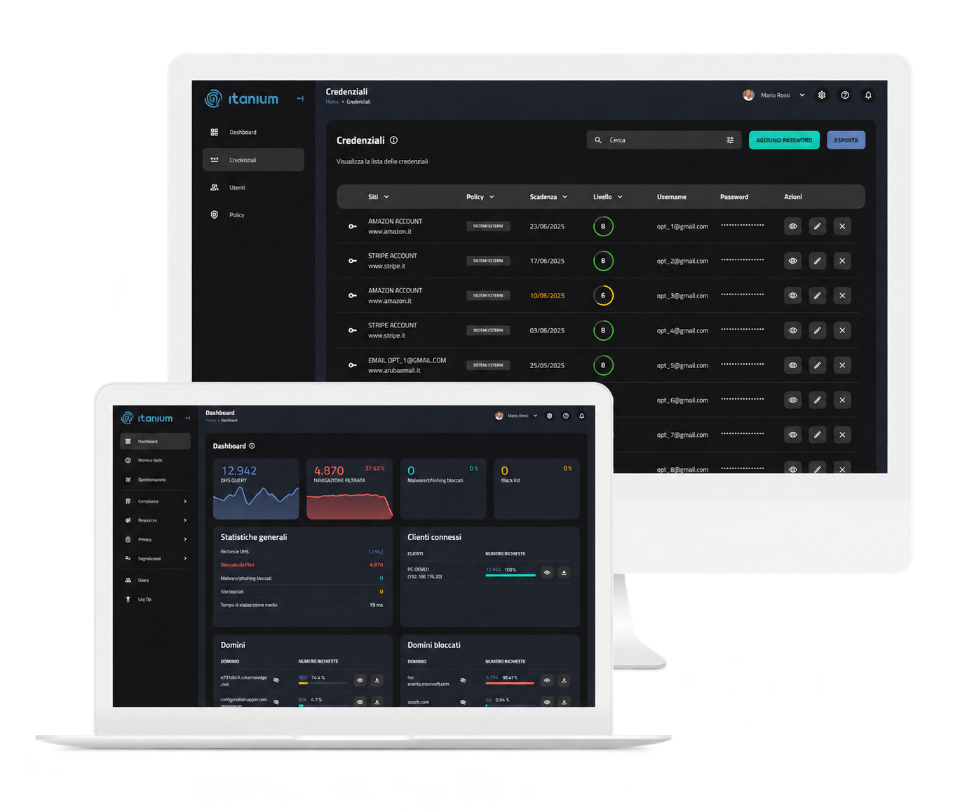 Schermate Itanium con dashboard di sicurezza e gestione delle credenziali