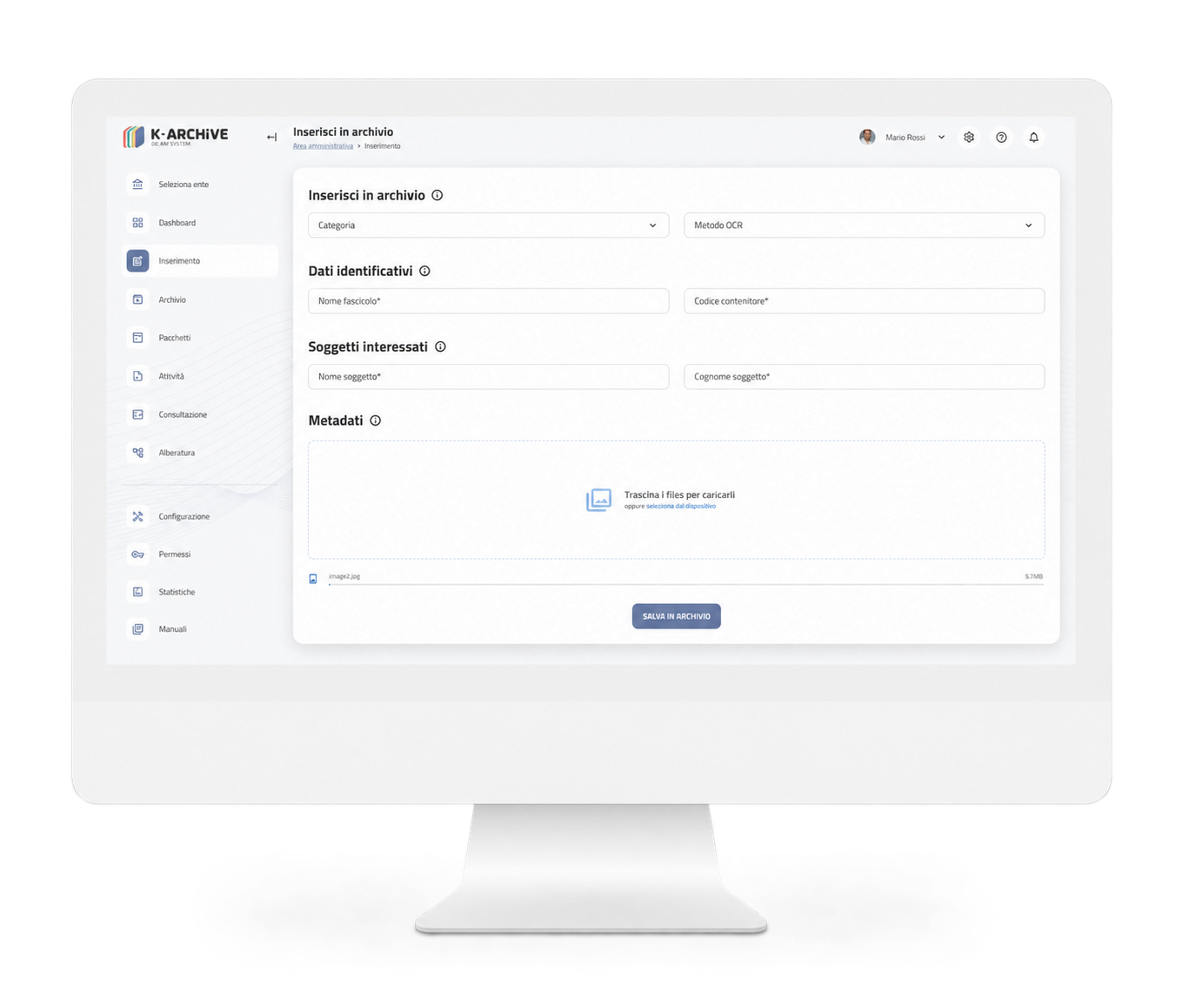 Schermata K-Archive per l'inserimento e la classificazione di documenti
