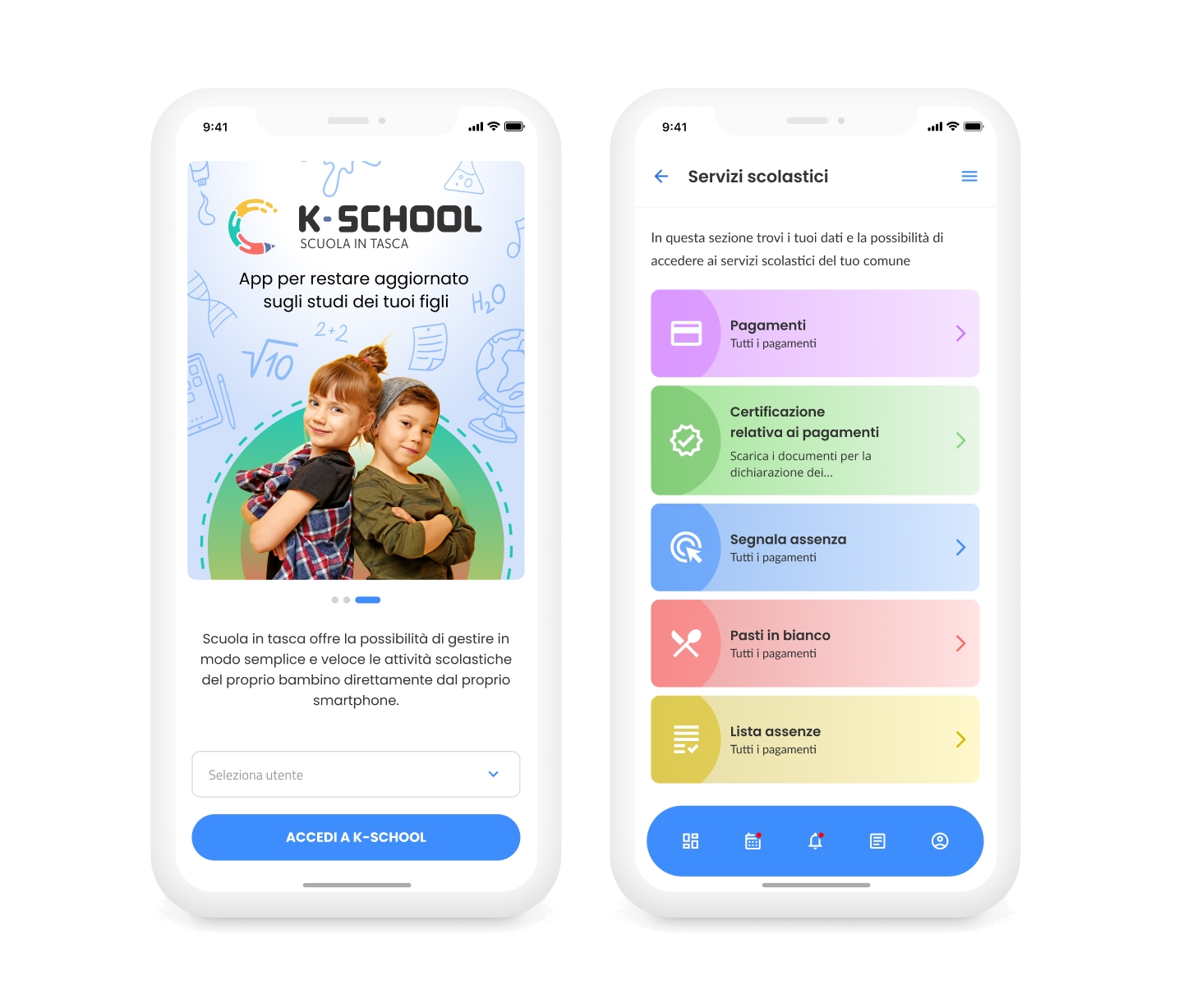 Schermate mobile dell'app K-SCHOOL