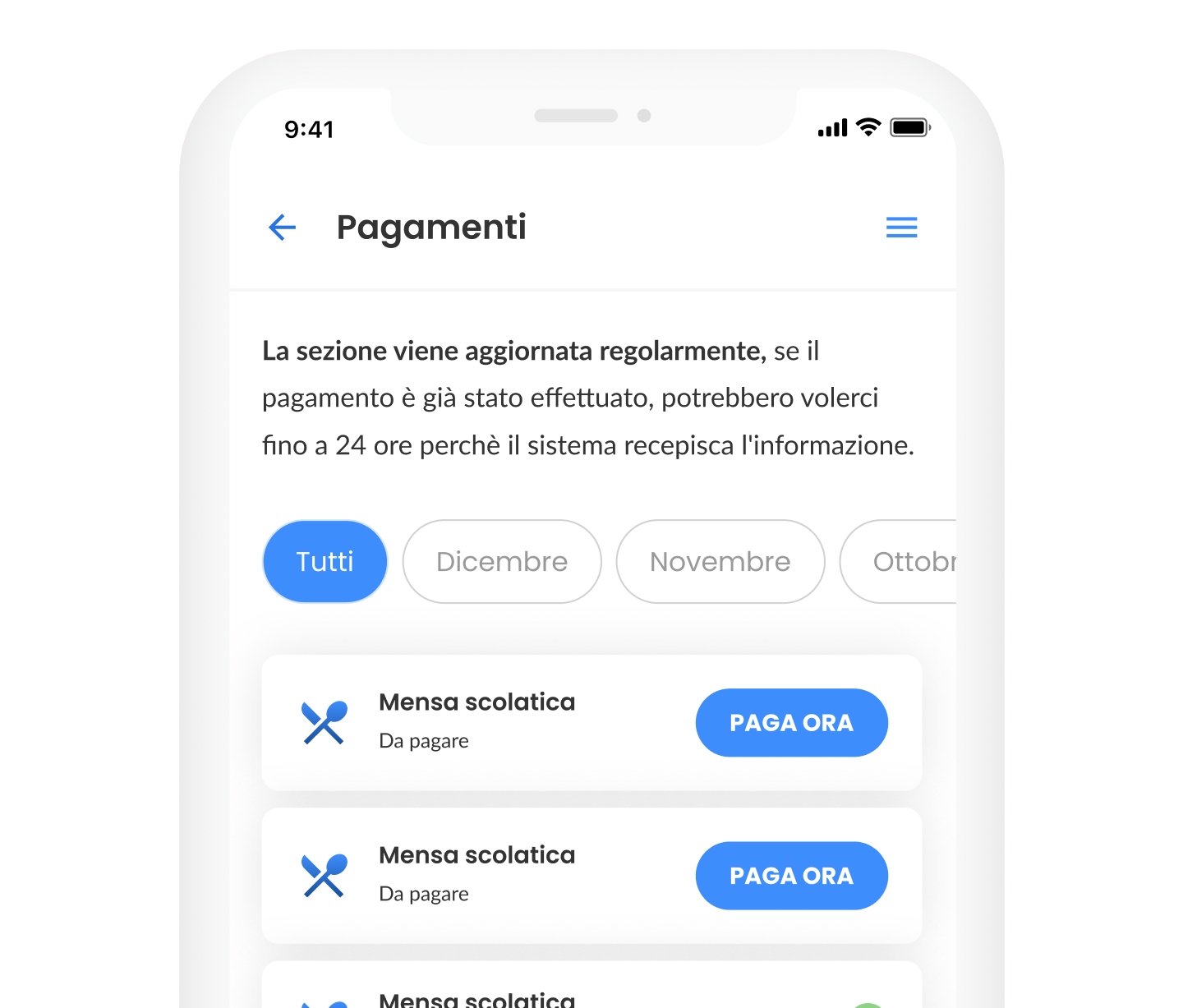 Interfaccia mobile K-SCHOOL per i servizi e i pagamenti scolastici