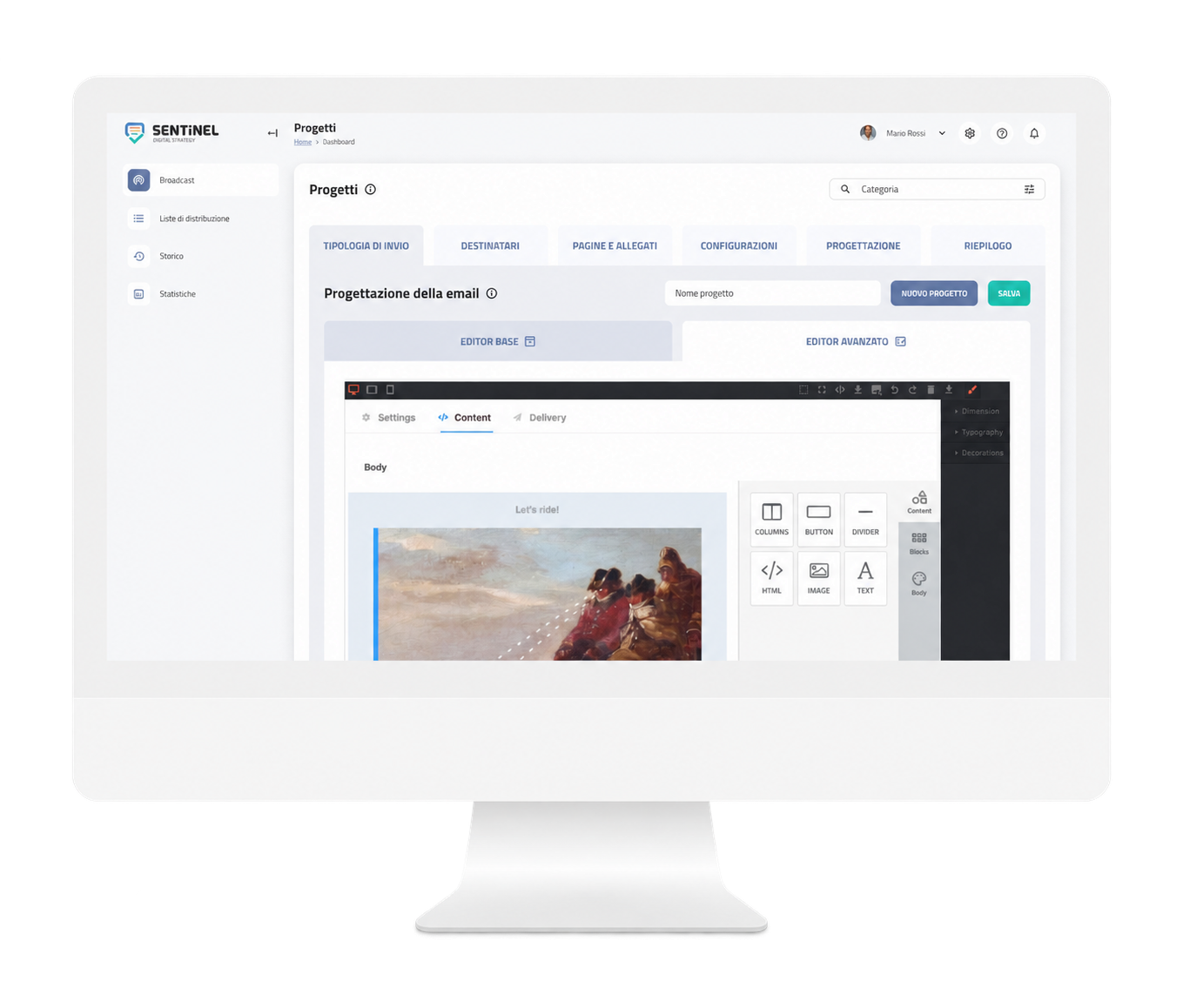 Editor visuale Sentinel per comporre e salvare una newsletter